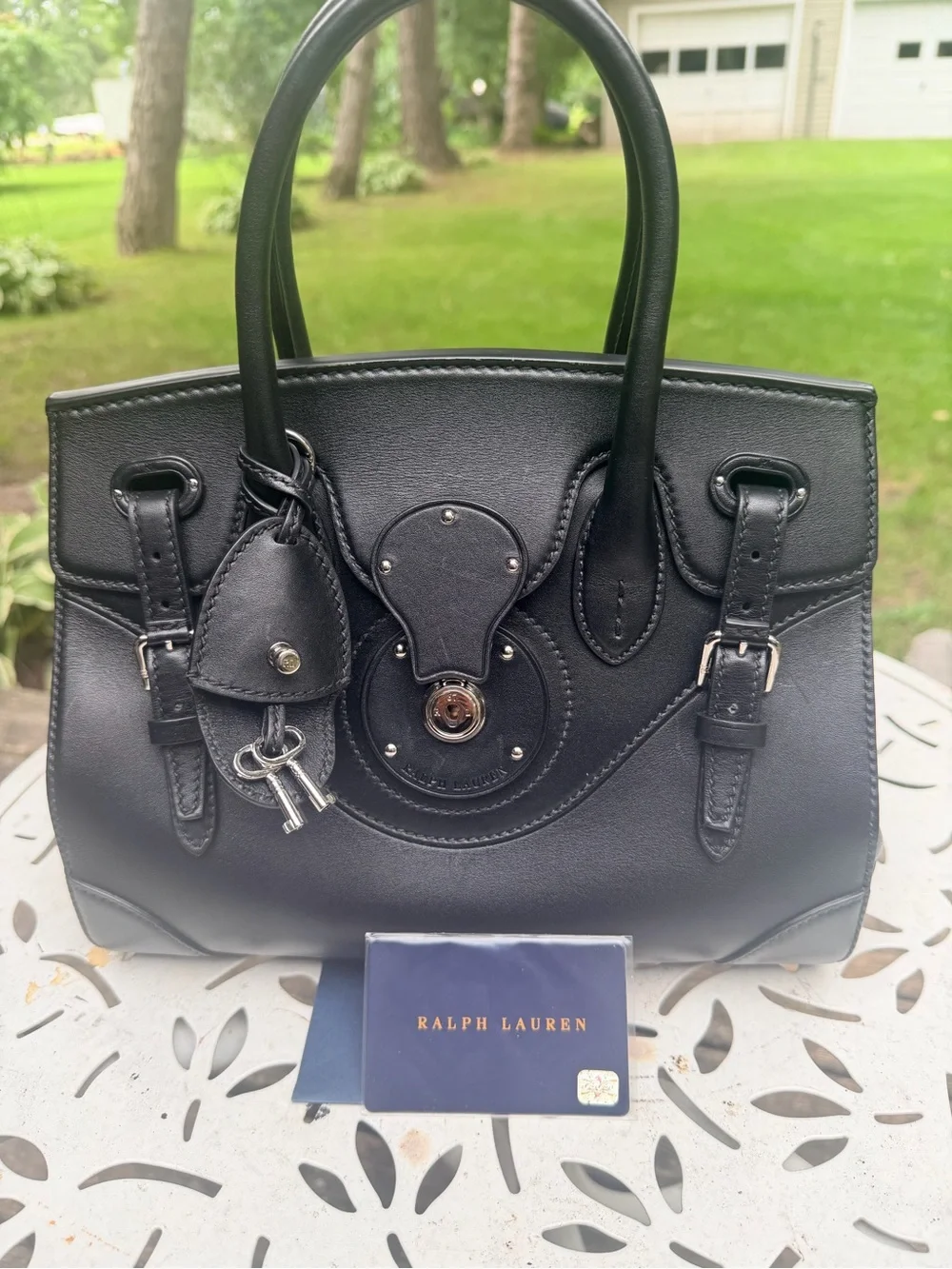 Ralph Lauren Black Leather Top-Handle Satchel with Key Charm